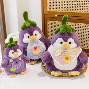 Set of three cute purple eggplant penguin plush toys in various sizes with outfits
