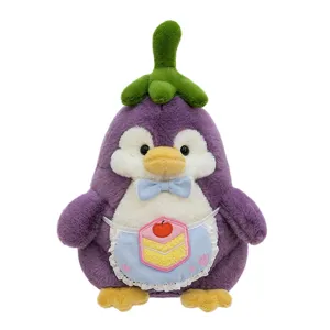 Adorable purple penguin plush toy featuring an eggplant design and a cute blue apron.