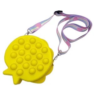 Bolso bandolera de silicona amarillo con forma de concha y juguete pop it para niños