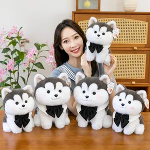 Cute husky plush toy with black bow tie and soft fur for children gifts