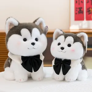 Pair of cute husky plush toys with black bow ties, soft stuffed animal dolls for gifts
