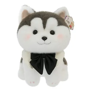 Cute Husky plush toy with black bowtie and white collar detail for home decor