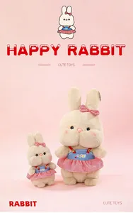 Detailed view of large and small happy rabbit plush toys in red checkered dresses
