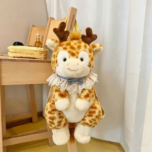 Adorabile zaino in peluche a forma di giraffa per bambini con colletto in pizzo e fiocco grigio