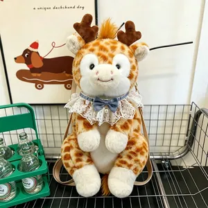 Zaino in peluche a forma di giraffa seduta con colletto in pizzo e fiocco per bambini