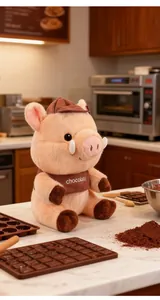 Adorable Maillard-style plush pig toy wearing a brown chocolate apron in a kitchen setting
