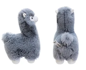 Detailed views of a soft grey alpaca plush toy from side and back angles