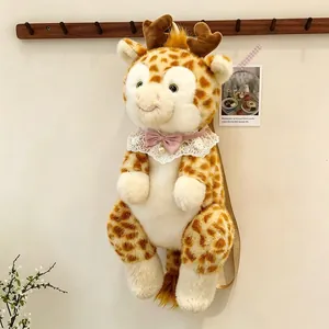Zaino in peluche a forma di giraffa con colletto in pizzo e fiocco rosa molto carino