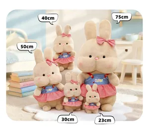 Cute rabbit plush toys with plaid skirts shown in various sizes from 23cm to 75cm