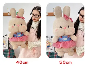 Size comparison of plush rabbit toys in cute red plaid dresses, 40cm and 50cm