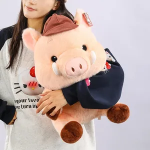 Cute pink plush pig doll wearing a brown hat and blue sweater, perfect gift for kids