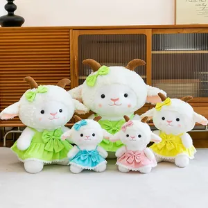 Set of cute sheep plush toys wearing colorful princess dresses in a cozy home setting