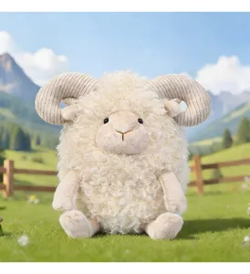Close-up of curly wool sheep plush with corduroy horns on a sunny meadow background.