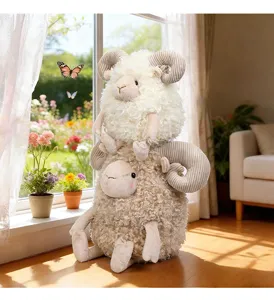 Adorable simulation curly hair sheep plush toys stacked in a cozy sunlit room setting.