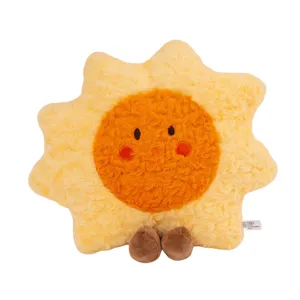 Adorable smiling sun plush toy pillow with soft yellow fur and brown feet for kids