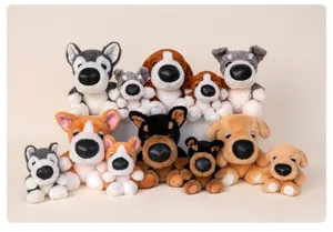 Collection of various big-nosed plush dog dolls in different sizes and dog breeds
