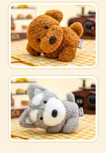 Detail view of brown and grey plush dog keychains on a checkered cloth