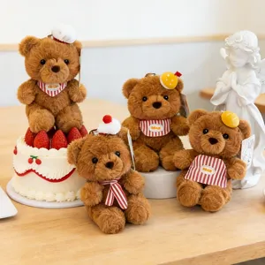 Set of 4 cute brown teddy bear plush keychain charms with miniature accessories for bags