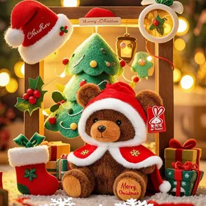 Christmas brown teddy bear plush toy wearing red Santa shawl and hat gift
