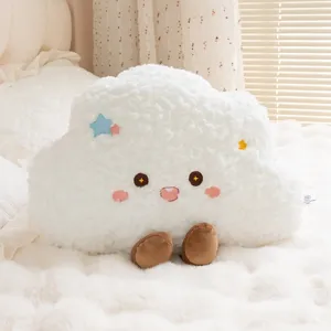 Cute white cloud plush pillow with star embroidery and soft fluffy texture