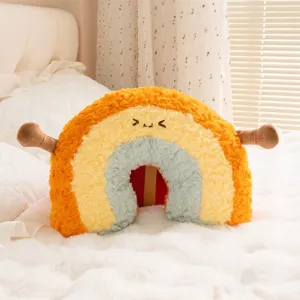Cute rainbow plush pillow with smiling face embroidery for home sofa decor and gifts