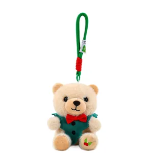 Schattige kerst teddybeer knuffel in groen vest met rode strik en ophanglus