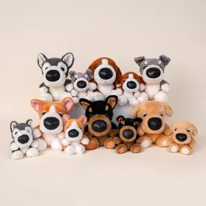 Collection of cute big-nose plush puppy toys in various breeds for kids' birthday gifts