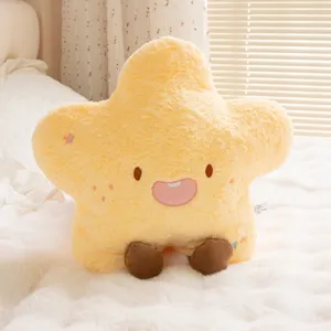 Adorable yellow star plush pillow with smiley face and soft faux fur texture for home decor