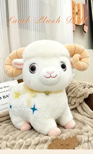 Cute simulation lamb plush toy doll with bell and stars, soft bed pillow gift for kids birthday.