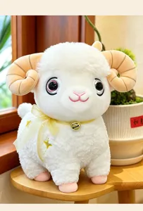 Detailed close-up showcase of the cute white ram plush toy with soft horns and cute ribbon.