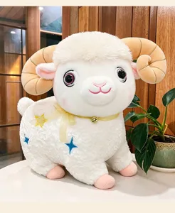 Cute fluffy ram plush toy with bell and star embroidery, soft bed pillow for kids birthday gift.