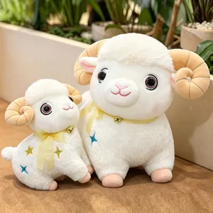 Cute Realistic Sheep Plush Toy Stuffed Animal Bed Pillow With Star Embroidery Bell Ribbon For Kids Birthday Gift Home Decoration
