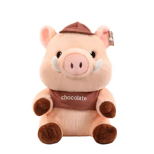 Cute Maillard pink plush pig toy with brown hat and chocolate vest doll