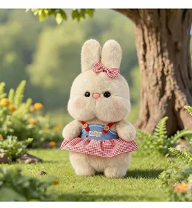 Close-up of a cute fluffy rabbit plush toy wearing a detailed red checkered skirt