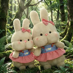 Cute Happy Rabbit Plush Toy Soft Stuffed Animal With Red Checkered Dress And Blue Pinafore Soothing Doll For Girls Children Gift