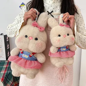 Adorable pair of plush rabbit dolls in red checkered skirts, soft stuffed toy gift