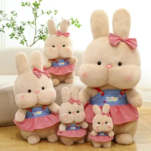 Cute plush rabbit doll set with checkered dresses and bows in five different sizes