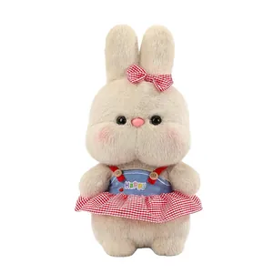 Cute plush rabbit doll wearing a red checkered skirt and bow tie for girls gift