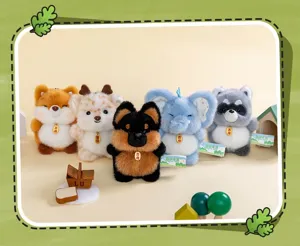 Collection of five cute plush animal dolls featuring elephant and fox with gold tags