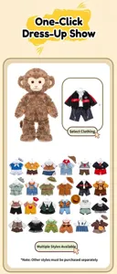 Detailed showcase of diverse miniature doll clothes for the brown plush monkey toy