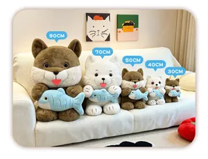Comparison of cute plush cat toys with fish in sizes 30cm to 90cm on a white sofa