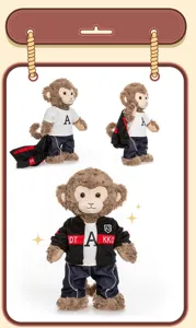 Detailed view of a plush monkey toy featuring a removable black jacket and white shirt.