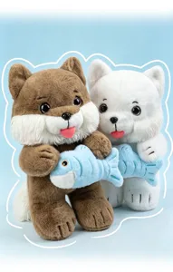 High-quality detailed close-up of cute cat plush toys holding blue fish characters