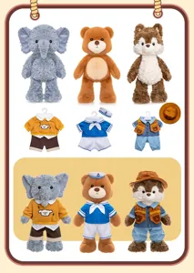 Detailed showcase of forest animal plush toys featuring elephant bear and fox dress-up outfits