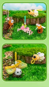 Sammlung süßer Insekten-Plüsch-Schlüsselanhänger in einer kreativen Mikrolandschaft.