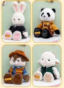 Variety set of dressed plush animals featuring a rabbit, panda, fox, and sheep characters