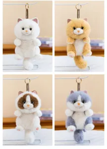 Detailed display of four varieties of fluffy plush cat keychains in different colors