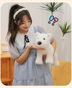 Detailed close-up view of the soft white dog plush toy held by a girl in a home setting
