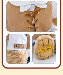 Detailed macro view of plush animal doll clothes and embroidered paw pad.