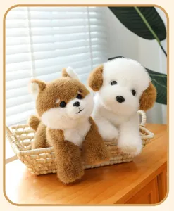 A detailed close-up shot of two adorable plush puppy dog dolls sitting in a woven basket